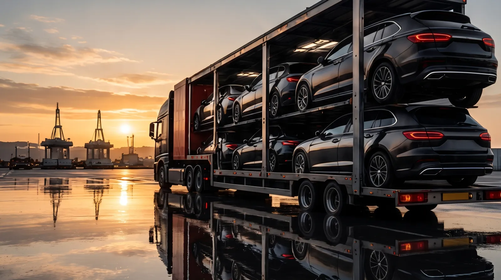 Camión portavehículos cargado de coches de gama alta en un puerto al atardecer